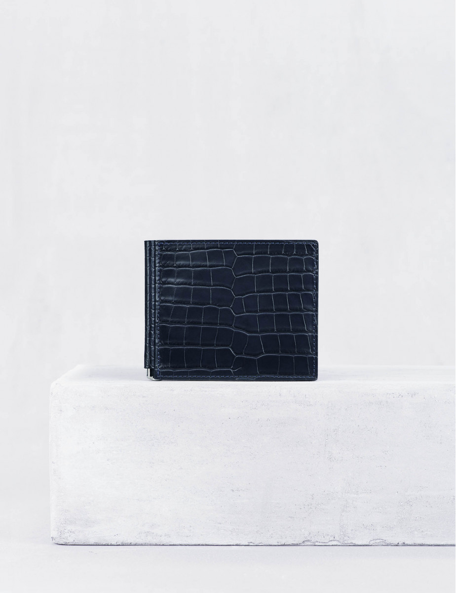 Money clip bifold wallet in alligator and smooth calfskin |Camille